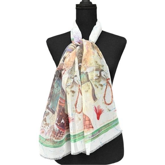 Vintage Greece Santorini Fresco Print Sheer Skinny Scarf - Picture 7 of 10